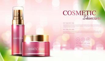 Cosmetic essence or skin care  product ads with bottle, banner ad for beauty products and leaf background glittering light effect. vector design