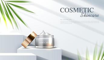 Cosmetic essence or skin care  product ads with bottle, banner ad for beauty products and leaf background glittering light effect. vector design