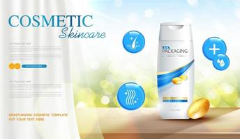 Gentle cleaning shampoo or skin care product ads with bottle, banner ad for beauty products, wooden surface in front of window and curtain on background for natural product display. vector design