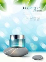 Cosmetics or skin care product ads with bottle, banner ad for beauty products and leaf background glittering light effect. vector design