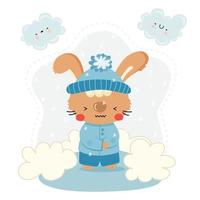 Cute cartoon winter rabbit. Funny animal character for kids design.  Winter concept. Flat vector illustration.