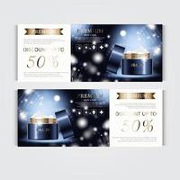 Gift voucher hydrating facial cream for annual sale or festival sale. silver and gold cream mask bottle isolated on glitter particles background. Banner graceful cosmetic ads, illustration. vector