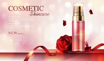 Cosmetic essence or skin care product or mock up lotion bottle, banner ad for beauty products, ribbon and rose petals in elegant background and glittering light effect. vector design.