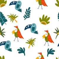 Parrots and tropical leaves seamless pattern. Jungles background. Endless background in childish style for fabric, textile, kids and wallpaper. Vector cartoon illustration