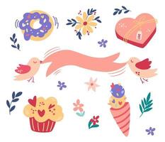 conjunto de imágenes prediseñadas de elementos del día de san valentín. flores, dulces, helados, cintas, pájaros. romance. perfecto para el día de san valentín, impresión, postales. ilustración de dibujos animados de vectores