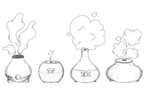 sketch air purifier, humidifiers set. hand drawing design appliances, aroma diffuser vector