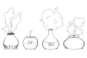 sketch air purifier, humidifiers set. hand drawing design appliances, aroma diffuser vector