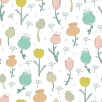 Floral pattern. Pretty flowers on white background. Printing with flowers and leaves. Ditsy print. Seamless vector texture. Spring bouquet.