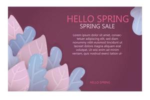 hola plantilla de banner de venta de primavera con hojas coloridas. hola tarjeta de felicitación de primavera e invitación con plantilla de fondo de hojas. para portada, volantes, afiches, folletos, pancartas. vector