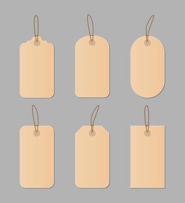 Blank paper price tags or gift tags of various shapes with string