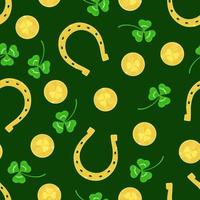 Patrick's day elements seamless pattern with golden horseshoe, coins and clover vector