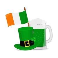 Patrick's day vector illustration. Leprechaun hat, Irish flag and mug of green beer.