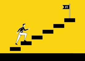 Success in business career development concept. Businessman climbing to the top to reach flag symbol. vector