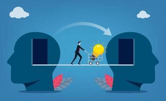 Businessman bringing light bulb from human brain head to another, exchange idea from brainstorm to get new solution to solve problem, sharing knowledge, creativity and innovation concept vector