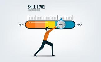 crecimiento de los niveles de habilidad. aumentando el nivel de habilidades. hombre de negocios empujando la barra de progreso hasta la posición máxima vector