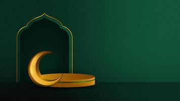 Islamic background template with mihrab, podium and crescent on emerald green background. Islamic vector illustration for Muslim holidays