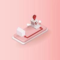 shop with map pin red on phone minimal vector map