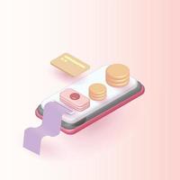 icono de terminal de monedas y teléfono mínimo, transacción de pago sin contacto fondo violeta tarjeta de compras en línea roja vector