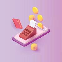 minimal phone and coin terminal icon, contectless payment transaction violet background red shopping online card vector