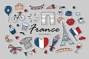 set of of France stickers. French doodles isolated on grey background. Good for prints, icons, logos, posters, cards, etc. Bastille day theme. EPS 10