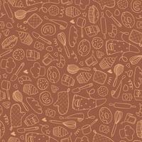 Cute seamless pattern with bakery  hand drawn doodles on caramel background. Wrapping paper, textile prints, package, wallpaper, etc. EPS 10 vector