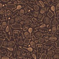 Cute seamless pattern with bakery  hand drawn doodles on caramel background. Wrapping paper, textile prints, package, wallpaper, etc. EPS 10 vector