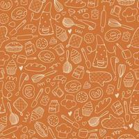 Cute seamless pattern with bakery  hand drawn doodles on caramel background. Wrapping paper, textile prints, package, wallpaper, etc. EPS 10 vector
