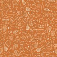 Cute seamless pattern with bakery  hand drawn doodles on caramel background. Wrapping paper, textile prints, package, wallpaper, etc. EPS 10 vector