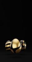 Falling luxury golden 3d easter eggs with pattern on black background. 3d rendering Happy Easter Luxury background with golden and black eggs photo