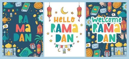 Set of Ramadan greeting cards, posters, prints, invitations decorated with doodles and lettering quotes. Eps 10 vector