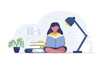 girl reading book while sitting learning and literacy day concept vector
