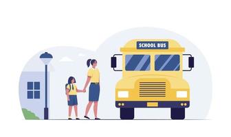 De vuelta a la escuela. niña con profesor esperando el autobús en la parada de autobús. vector