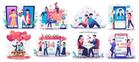 conjunto de concepto de día de san valentín con pareja romántica disfrutando del día de san valentín. citas en línea y redes sociales, concepto de relaciones virtuales ilustración vectorial de estilo plano vector