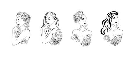 Set line art female portraits with flowers. Vector illustration isolated