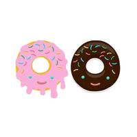 Vector illustration of donuts in chocolate and pink glaze in kawaii style on a white background.