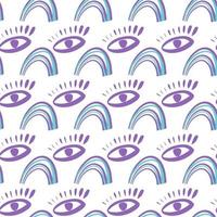 Seamless pattern with elements of abstract symbols eyes and rainbow in violet color on a white background vector