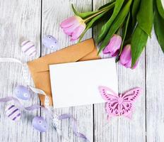 tulip bouquet and blank greeting easter card photo