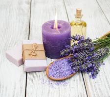 Spa products and lavender flowers photo