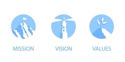 Mission, vision and values flat style design icons signs web concepts vector illustration set.