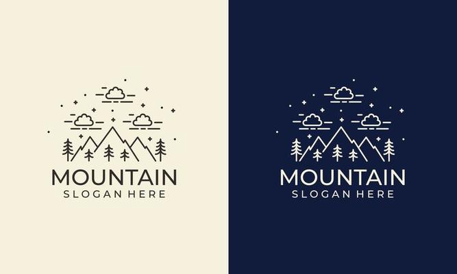 line art mountain logo, simple adventure graphic with tree and sky logo template