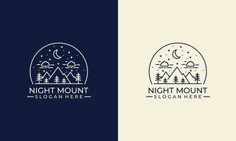 logotipo de montaña de arte lineal, gráfico de aventura simple con plantilla de logotipo de árbol y cielo vector