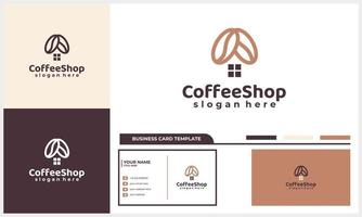 concepto de logotipo de cafetería, casa y grano de café con plantilla de tarjeta de visita vector