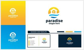 logotipo de paraíso de olas de playa con concepto de casa y sol con plantilla de tarjeta de visita vector