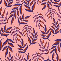 Seamless pattern in ecological style. Blue silhouettes of leaves on pink background. Seamless pattern. Vector botanical illustration. Good print for wrapping paper, packaging design, wallpaper