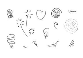 hand drawn set element,black on white background.heart,light,emphasis,swirl,for concept design. vector