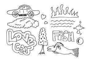 set of hand drawn elements, black on white background, car, clouds, trees, hearts, water and love car text for concept design. vector