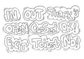 Hand drawn arrows, borders set with handwritten textin,out,thank's,open,closed,ok,exit,toilet,no. Vector icon.