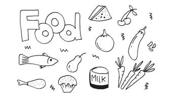 comida de fideos, frutas, verduras con letras en vector. vector