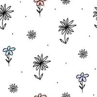 Cute pattern with line little flowers blue pink violet doodle branches. Seamless background textile for children. Minimalism paper scrapbook for kids. vector