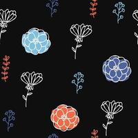 Hand drawn doodle summer seamless black wallpaper with white line little blue, orange flowers. Cute vector pattern for paper, fabric, book, bedroom, baby.